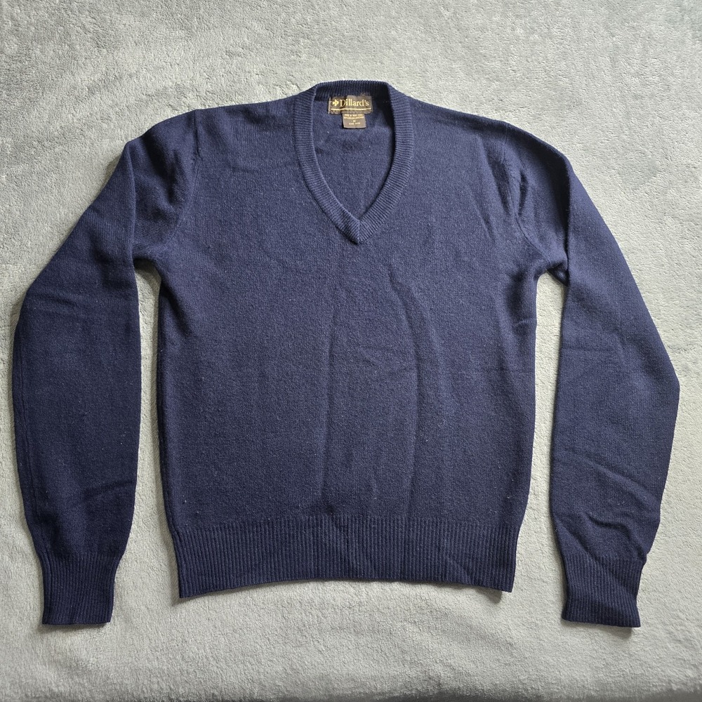 Vintage Dillards Sweater Mens Medium Navy Blue 100% Geelong Lambswool V-Neck L/S